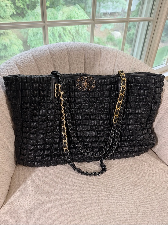 Handbags - Black Quilted Tote Bag with Gold Chain Accents